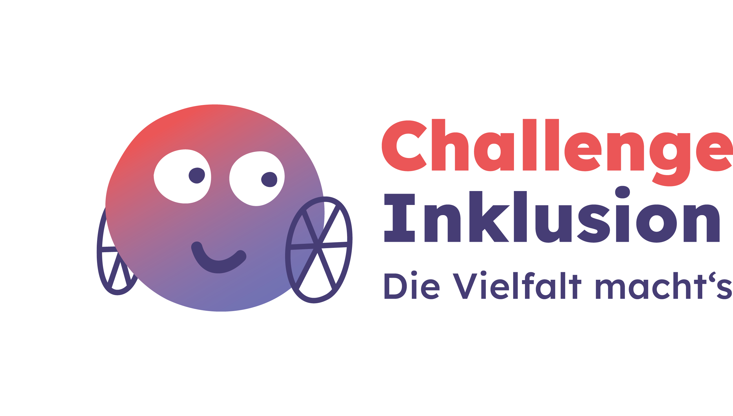 Logo des Projektes Challenge Inklusion. Neben dem Projektnamen ist ein lächelndes, Smiley im Rollstuhl zu sehen. Es ist wie der Schriftzug auch lila und rosa. Unter dem Projektnamen steht: Die Vielfalt macht's.